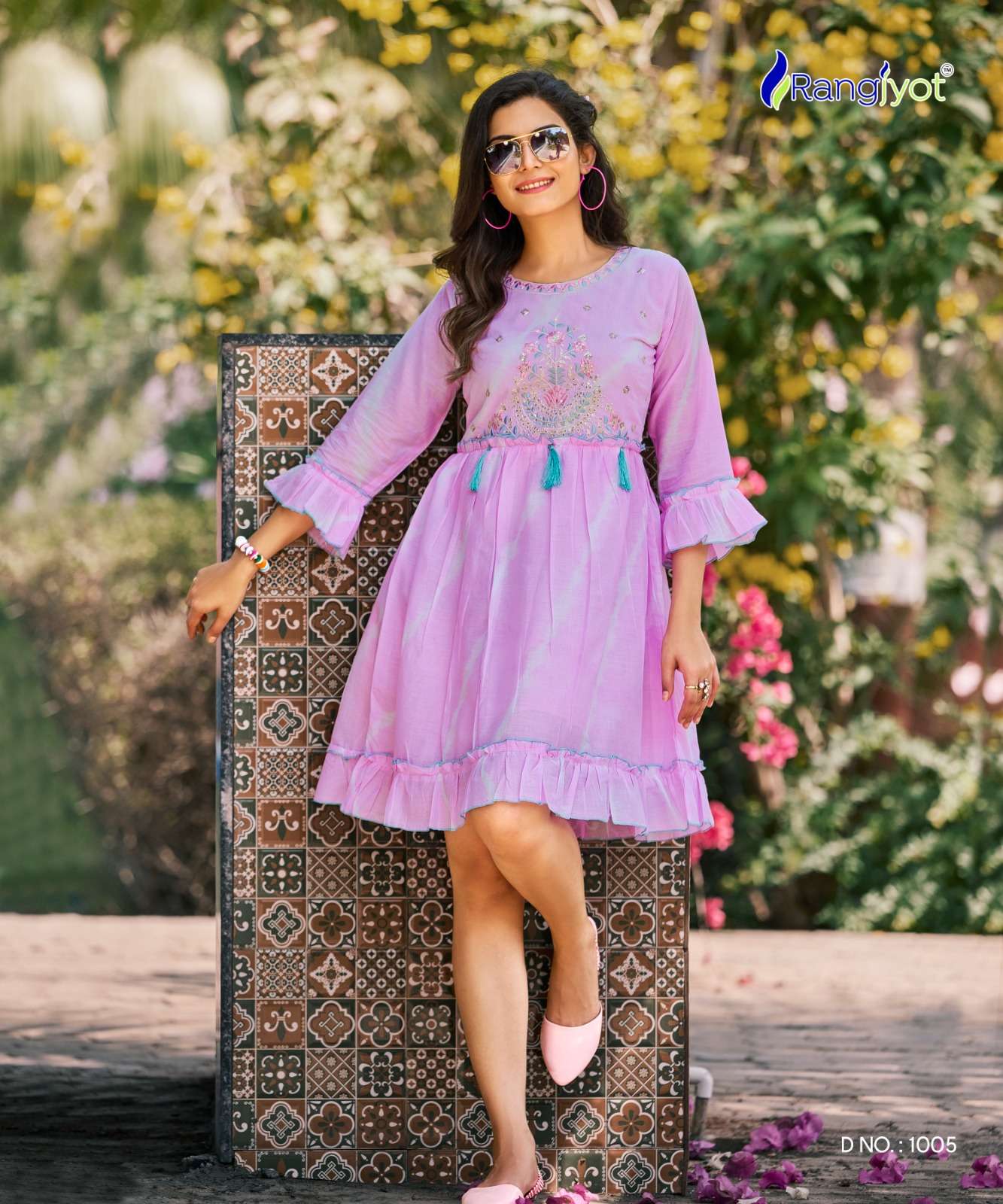 RICHGIRL MULL COTTON SEQUENCE, EMBROIDERY AND HANDWORK FANCY TUNICS WITH SHADES OF SHIBORI PRINT BY RANGJYOT BRAND 1005 (2)